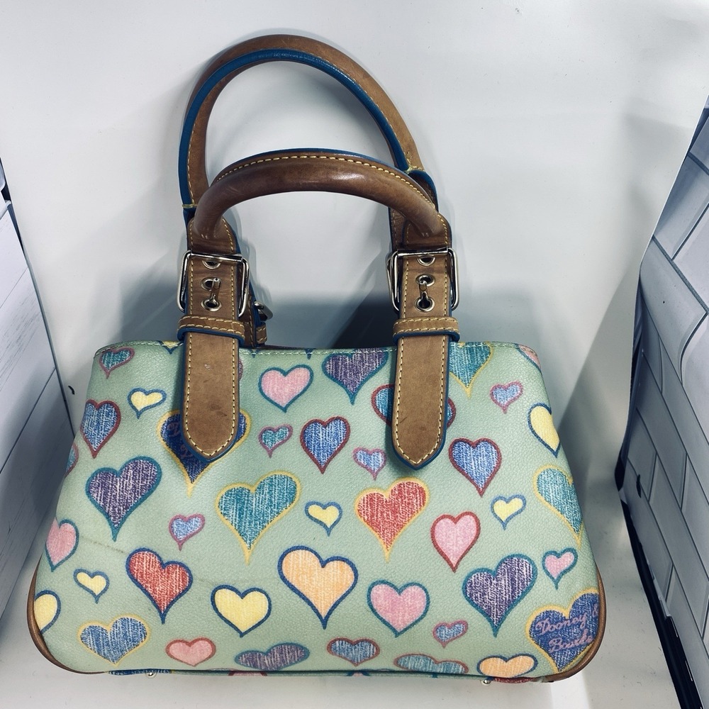 Rare VTG Y2K Dooney & Bourke Heart Print Mini Barrel Satchel Green Bag
